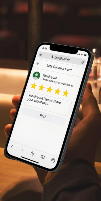 Customer leaving a Google review via digital business card on smartphone
