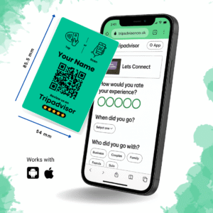 Tripadvisor review card UK with NFC and QR code for customer feedback