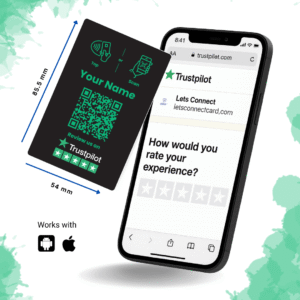 Trustpilot review card UK with NFC and QR code display