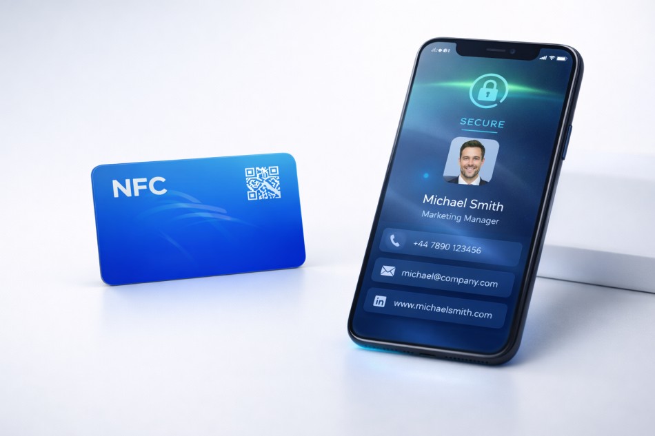 NFC business cards linked to secure digital contact profile on smartphone