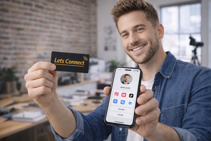 content creator holding social media business card with Instagram LinkedIn and TikTok profile screen