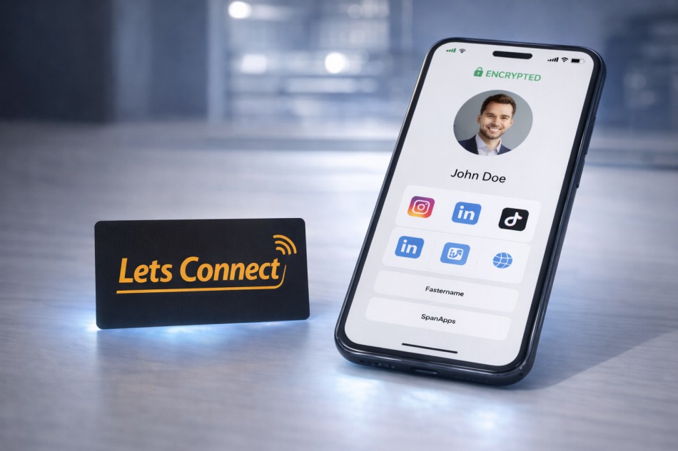 encrypted social media digital profile interface displayed on smartphone beside social media business card