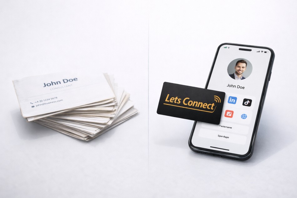 paper business cards compared to modern social media business card and smartphone
