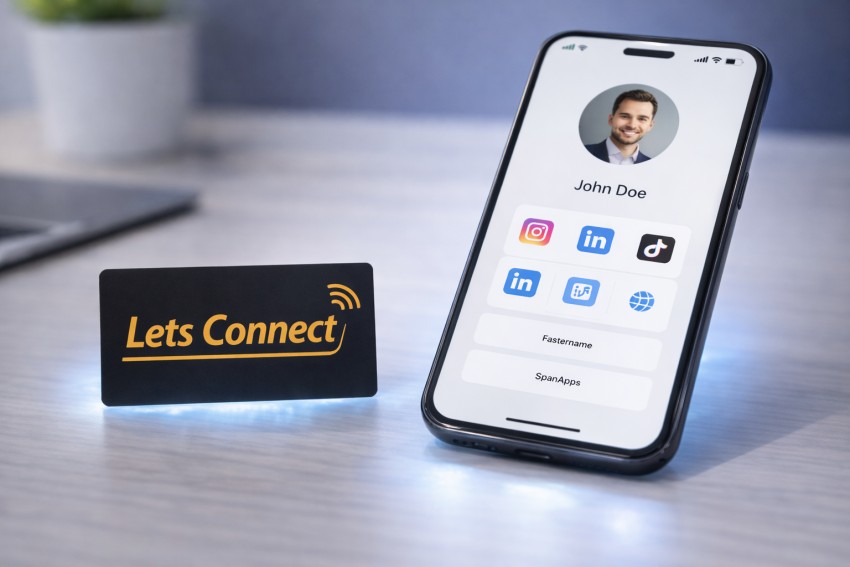 social media business card next to smartphone displaying digital profile hub interface